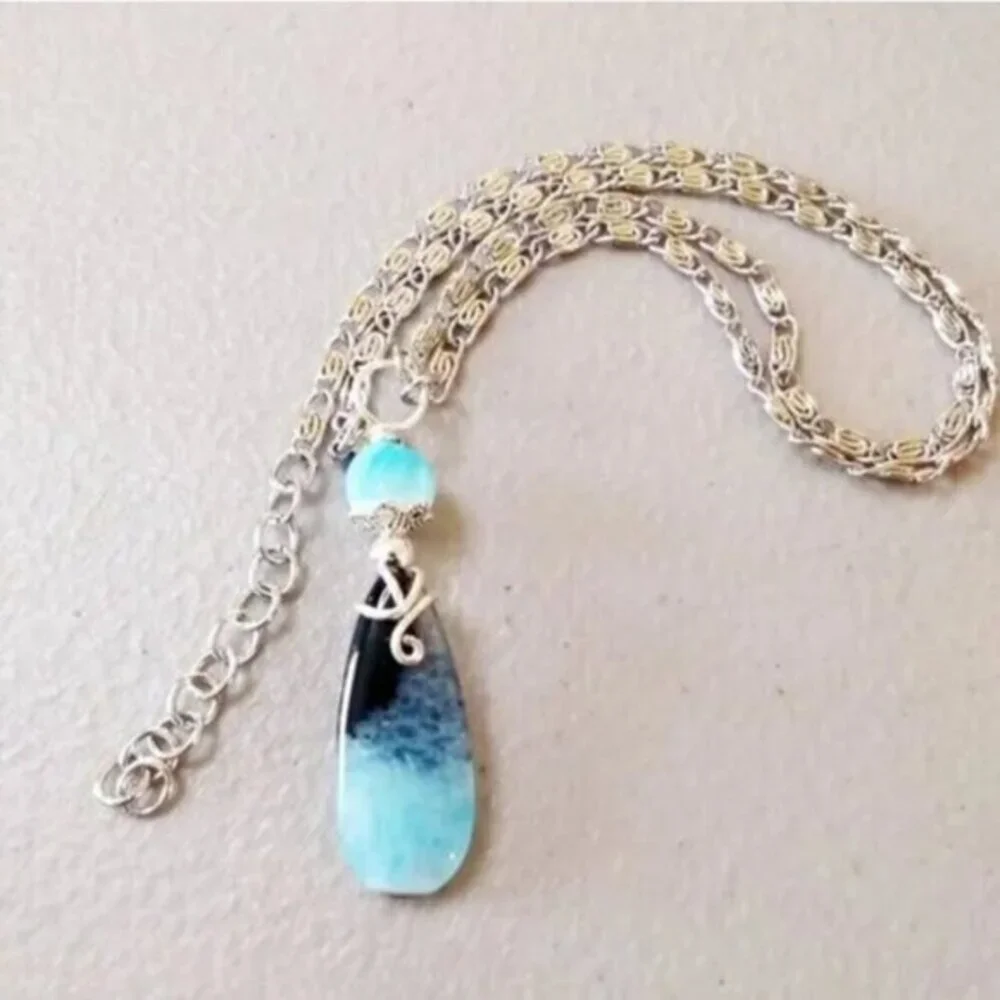 Seafoam Aqua + Black Agate Teardrop Pendant • Boho Beachy Ocean Chic